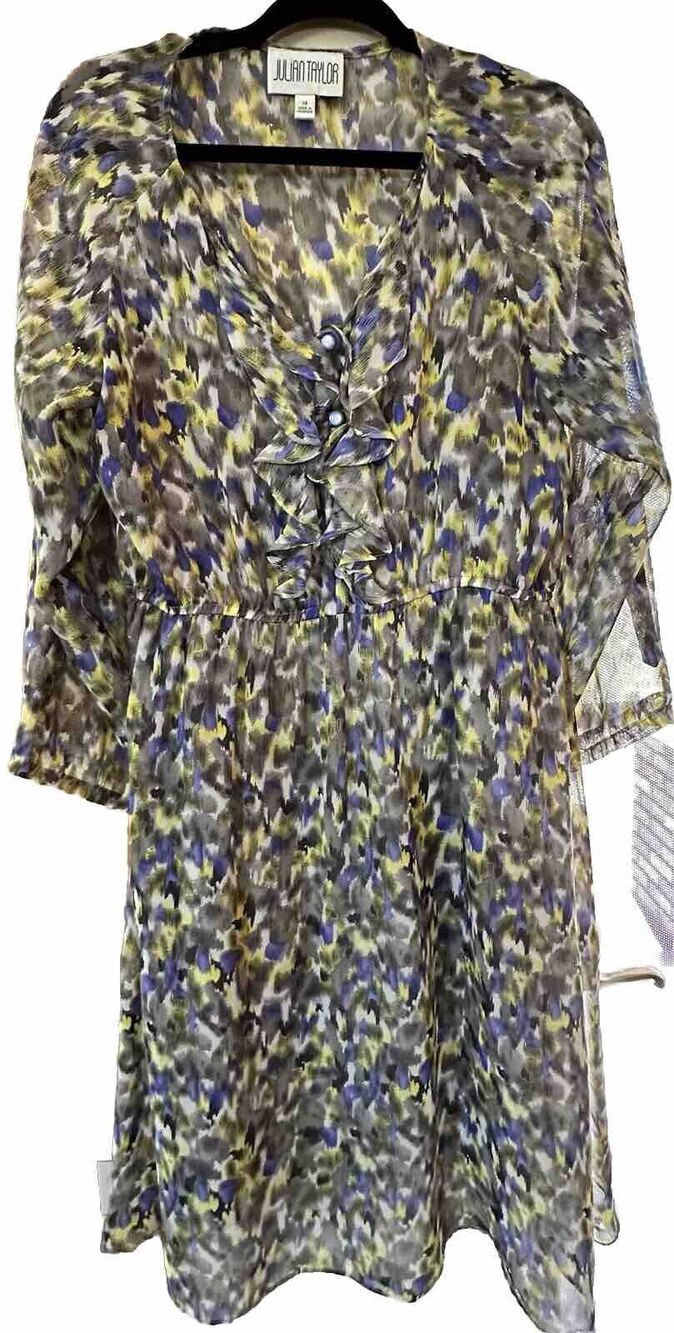 Julian Taylor Multicolor Geometric Dress Sheer Overlay Ruffle Long Sleeve Sz 14
